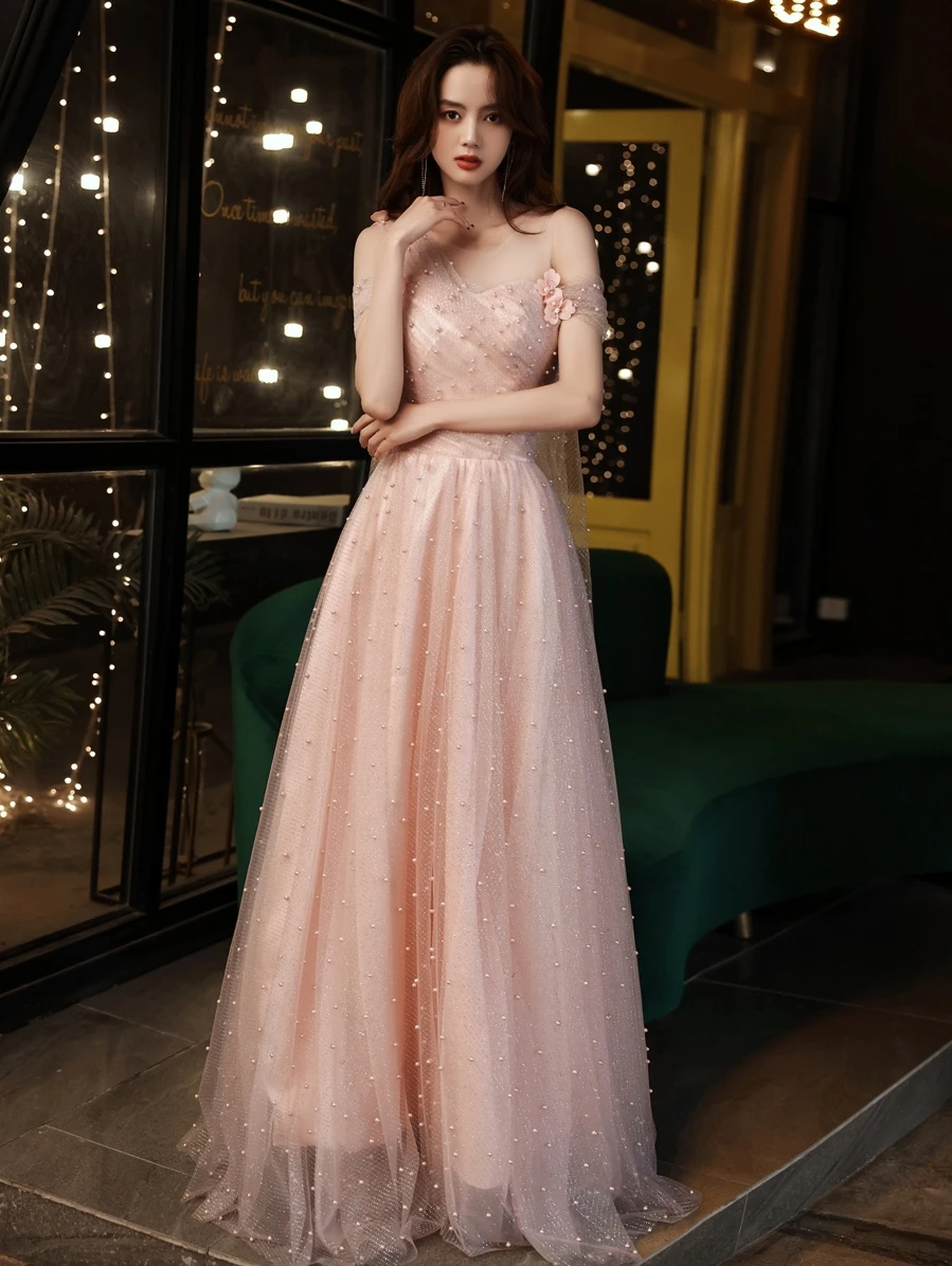 Sevintage Blush Prom Dresses 2021 Pleated Starry Tulle Long Evening Dress  A-Line Formal Party Gowns