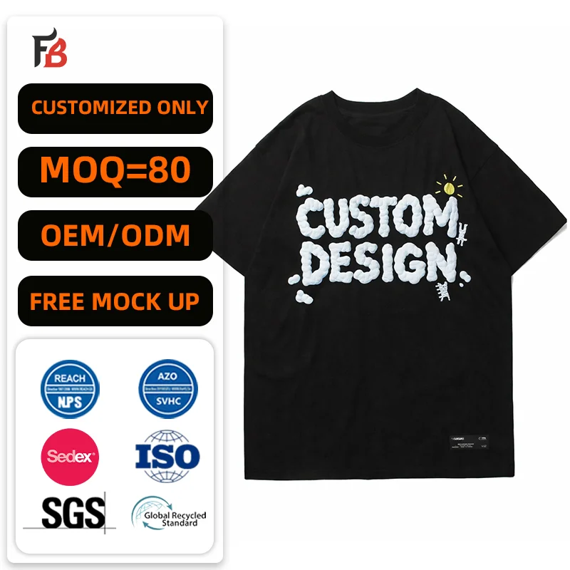 High Quality Custom Black Drop Shoulder 3d Puff Print Graphic Oversized Cotton t Shirt for Men