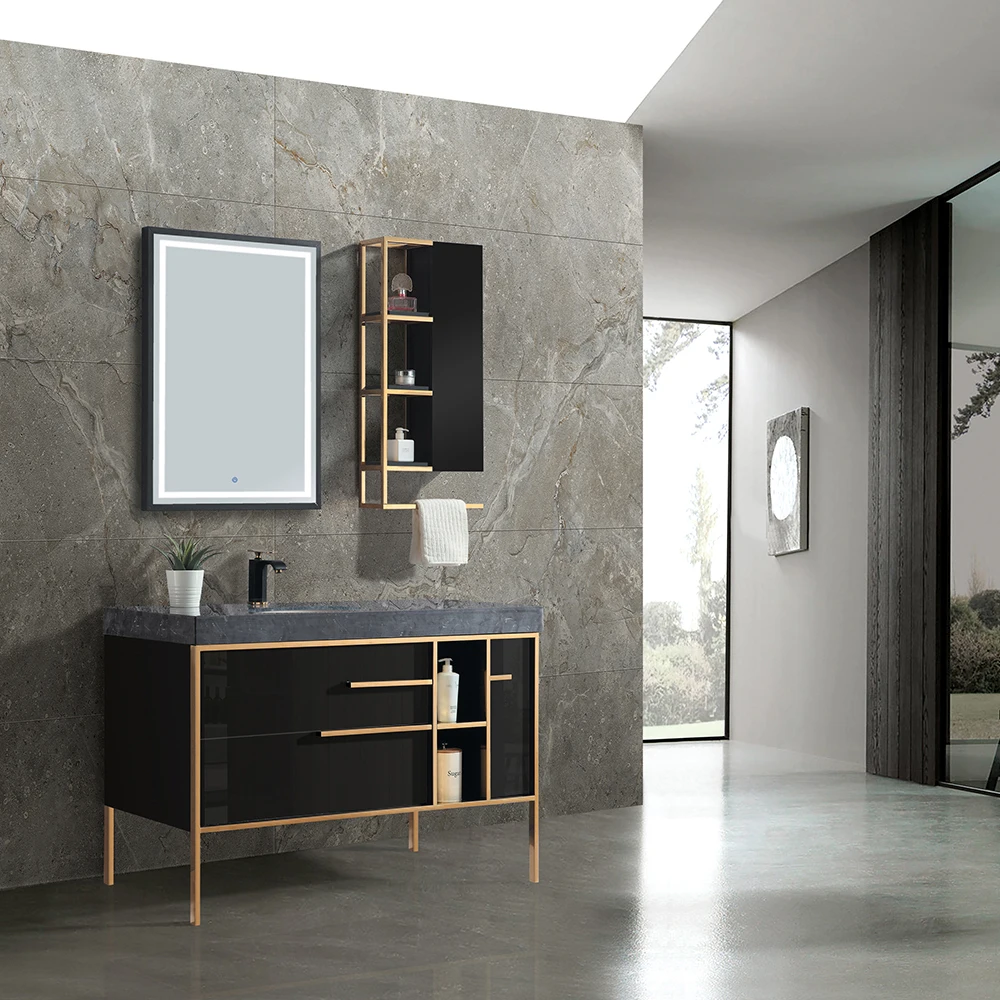Luxury Black Custom Bathroom Cabinet Floor Mounted Grey Melamine with Plywood Custom Bathroom Furniture