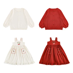 YOEHYAUL X5118 Embroidery Cherries Summer Dress for Kids Spaghetti Strap Children Dress Girls Summer Cardigan for Girls