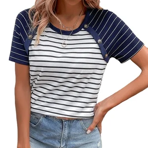 Chic Casual Eco-Friendly Summer Women's Striped Short Sleeve T-shirt with Button Compressed Design and Color-blocked Decoration
