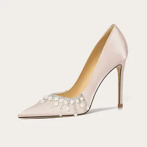 Women's Fabric Super Nude Pointed Head Mary Jane Pumps with Rhinestones Slip-On Closed Toe Style