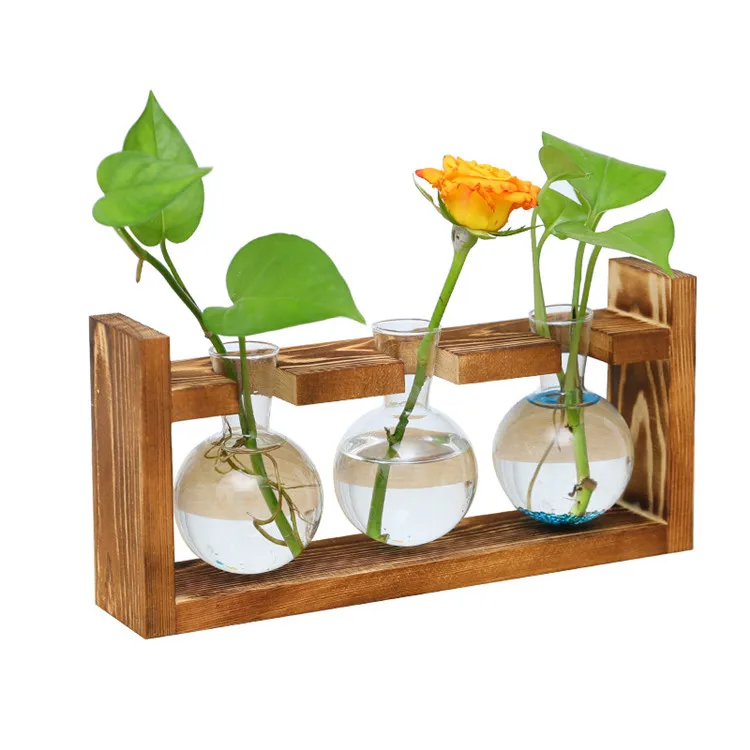 Desktop Glass Planter Bulb Vases with Retro Wooden Stand for Hydroponics Plants 