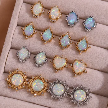 Opal Jewelry Stainless Steel Stud Earrings For Women Tarnish Free Water Proof Earing Sets Women Earings