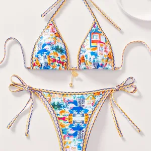 2026 Women's Sexy Blue White Porcelain Print Tie Bikini Cross-Border European American Style New Two-Piece XL Swimsuit Patchwork