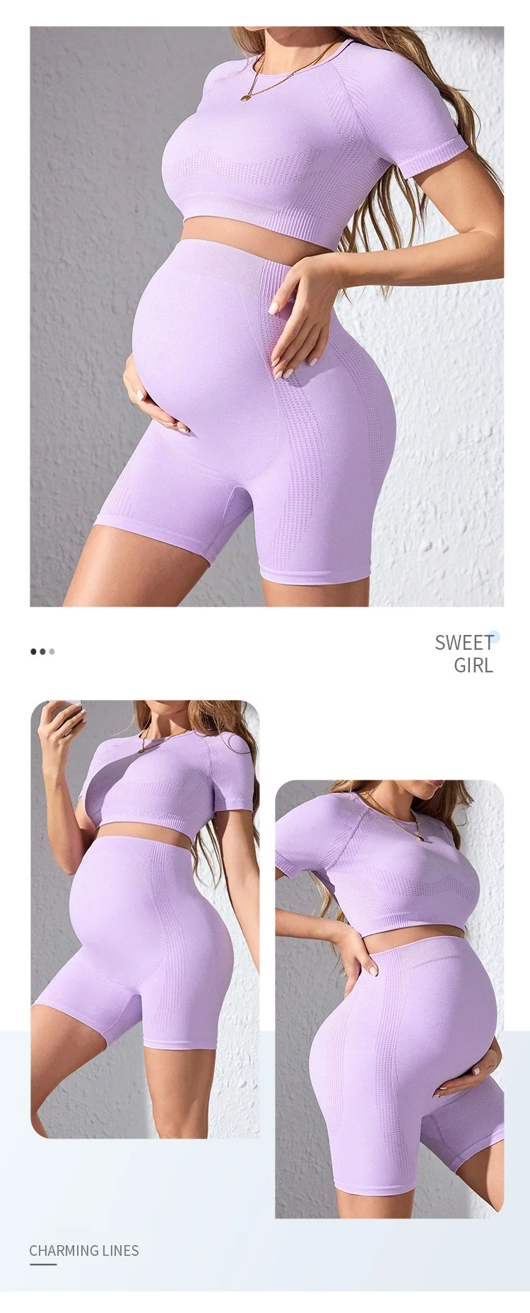 product soft maternity yoga sets back hollow out short sleeve cropped tops and high waist skinny shorts maternity fitness workout sets-57