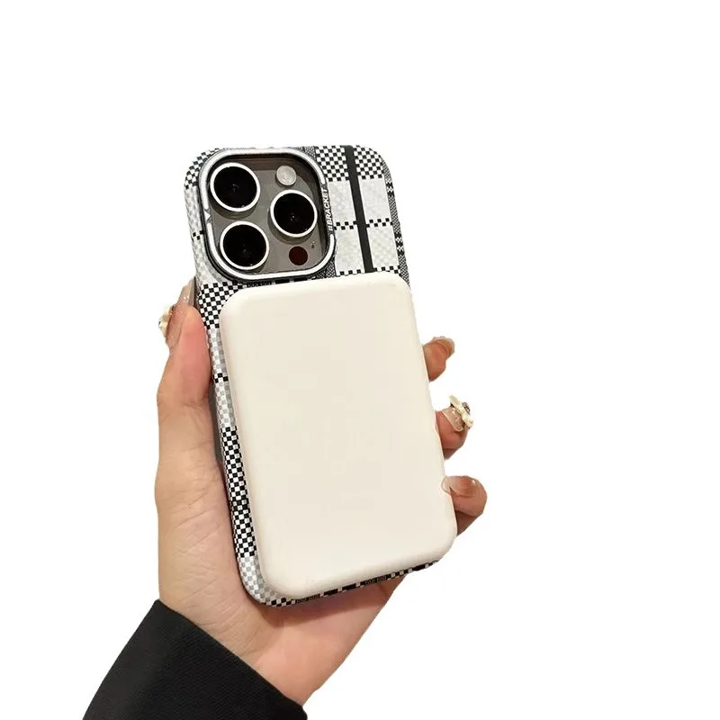 PC Invisible Lens Bracket Check Pattern Case For iPhone 11 12 13 14 15 Pro Max Plus Magnetic Adsorption Anti-Shock Hard Case