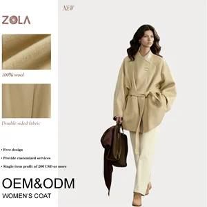 Warm 100% Wool Double Sided Beige Women's Coat Factory Price Oversized Belted Decorative Metal Button Winter Outerwear (OEM ODM)