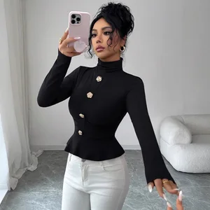 Clothing Manufacturer New Women's Clothing High-neck Rose Metal Buckle Decorated Ladies' Top Women's Winter Clothing