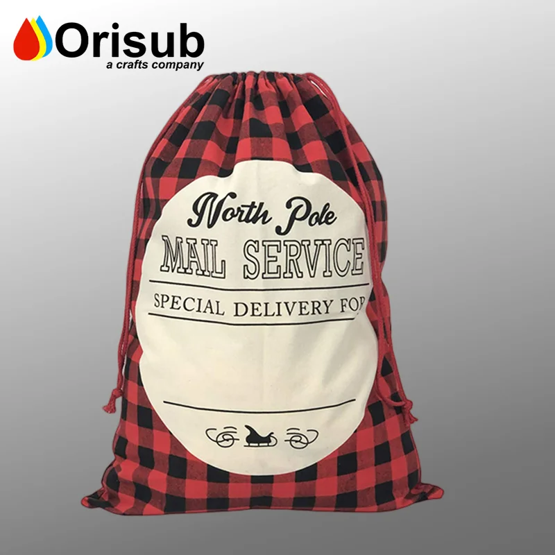 Blank Linen Sublimation Buffalo Plaid Drawstring Santa Sack For