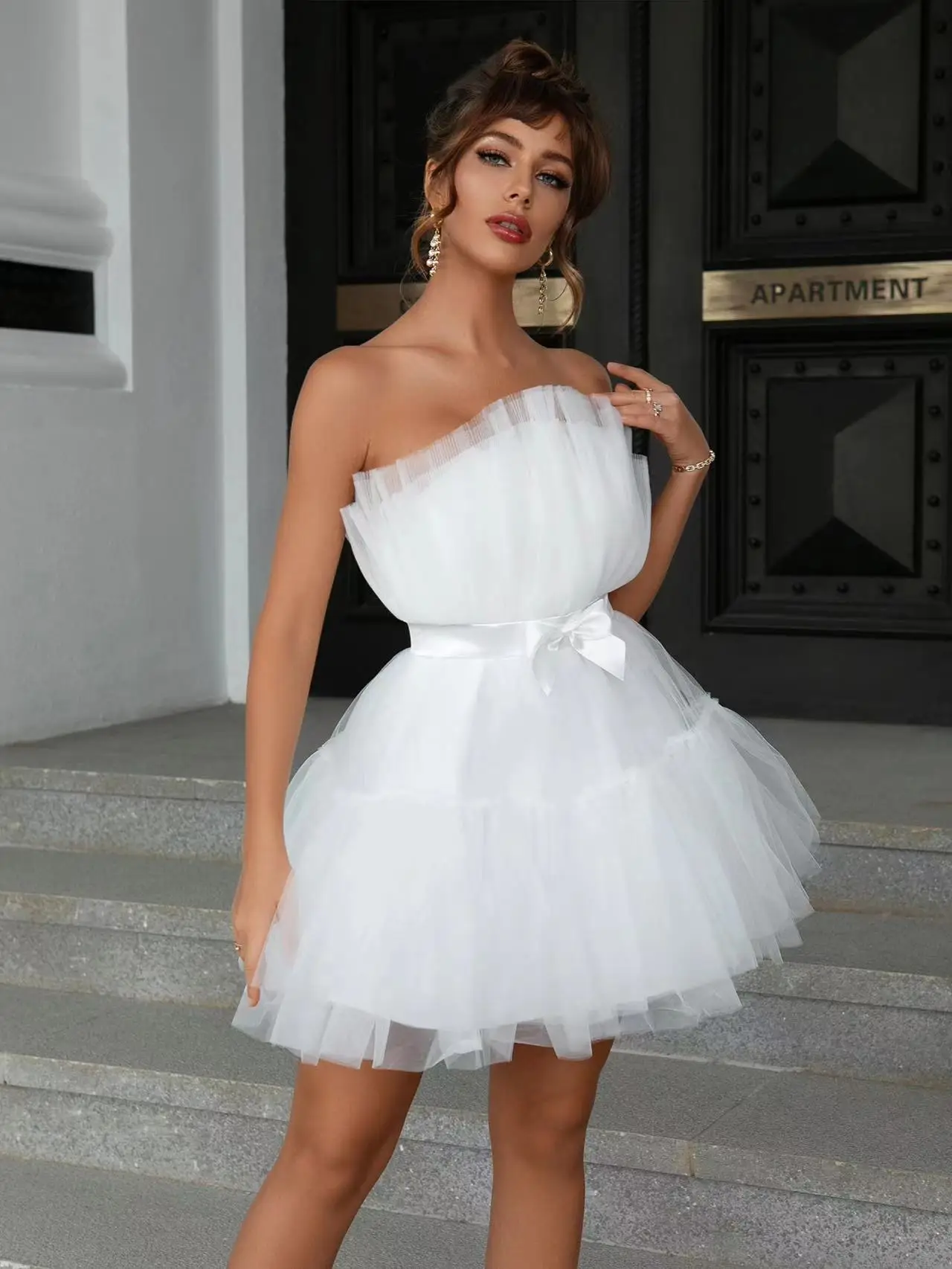 Kendall Jenner Inspired Off-Shoulder Tutu Dress Pleated Cotton Tulle  Asymmetrical Mesh Back Solid Pattern Lolita Vestidos Women
