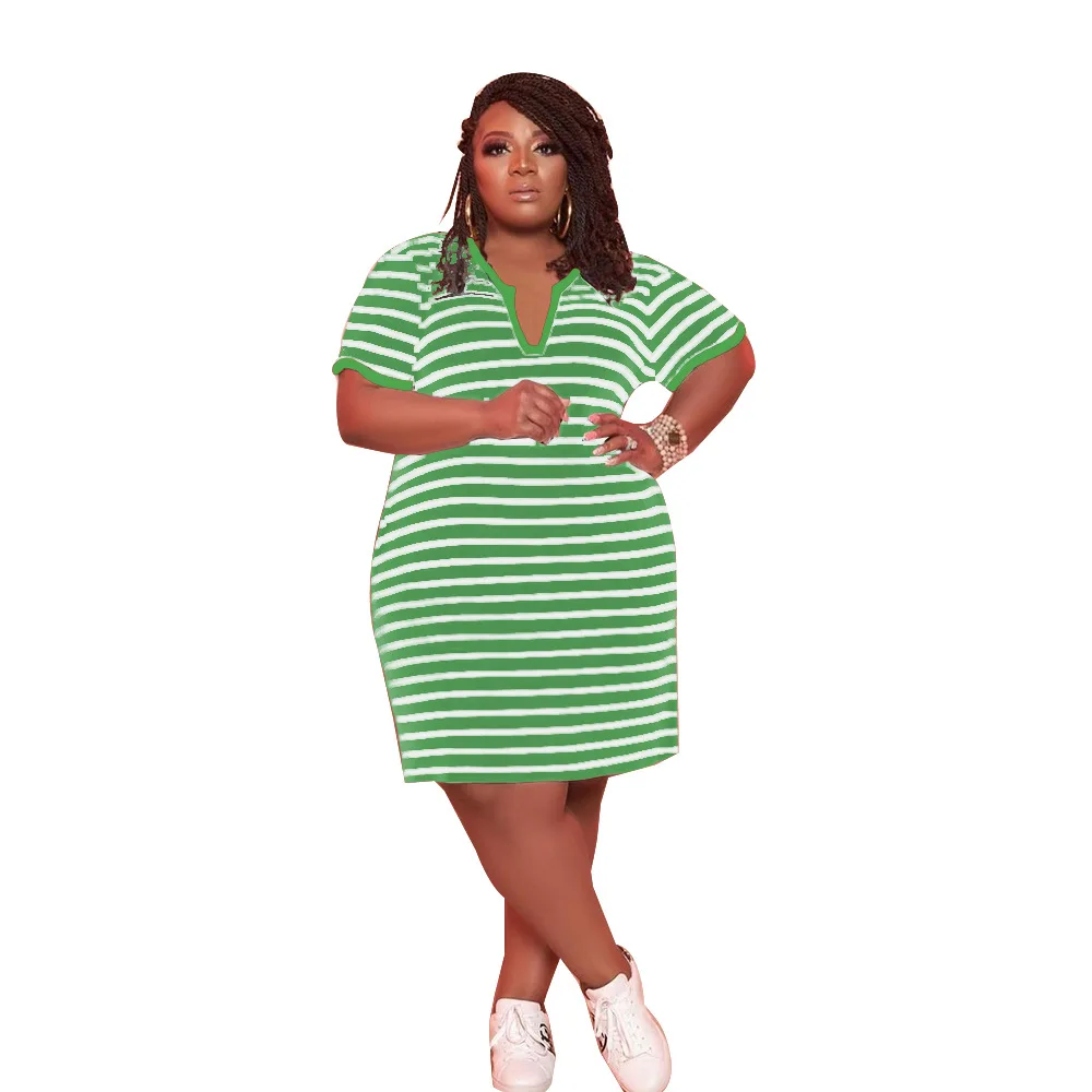 FA7229 Amazon new fashion fat women skirt Europe and America women's dress hot sale large size stripe V-neck dress
