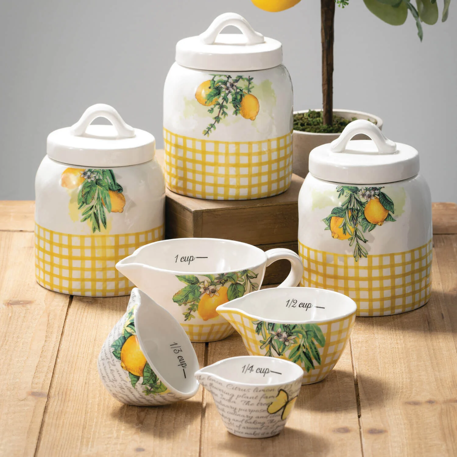 Charming Ceramic Canister Set with Lemon Yellow Gingham Design Tea Coffee  Sugar Canisters Storage Set of Keep Food Fresh