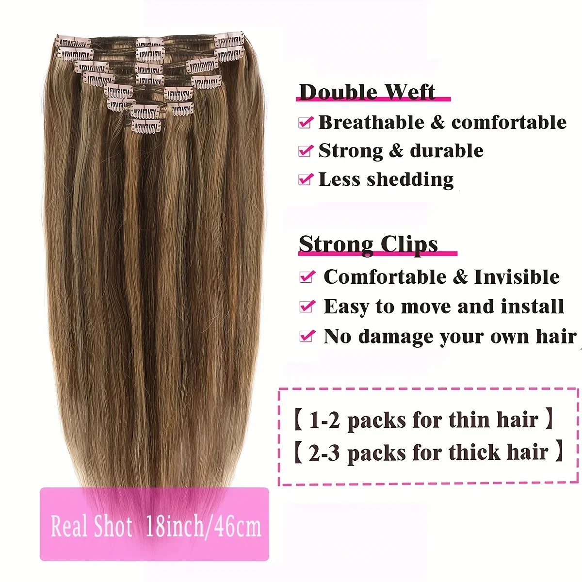 8-teiliges, doppelt glattes Remy-Haar, 100 % Echthaar, 18 Clips, Dunkelbraun, Schmutzig-Blond, Kopf verdickt, weich, glatt_voghion.com