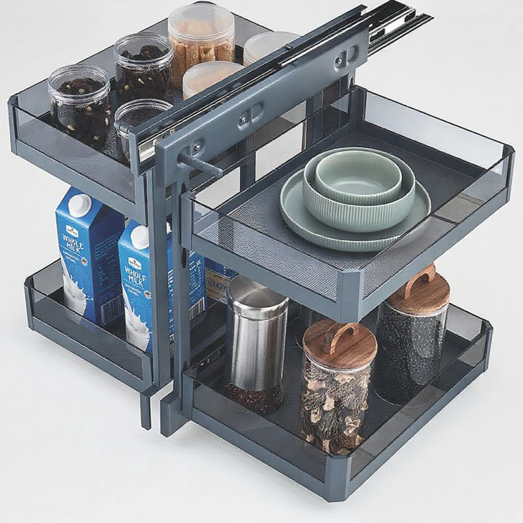 Under Cabinet Pull-Out Tray Pantry Organizer with Glass Gasket Kitchen Hardware Basket Magic Corner Kitchen