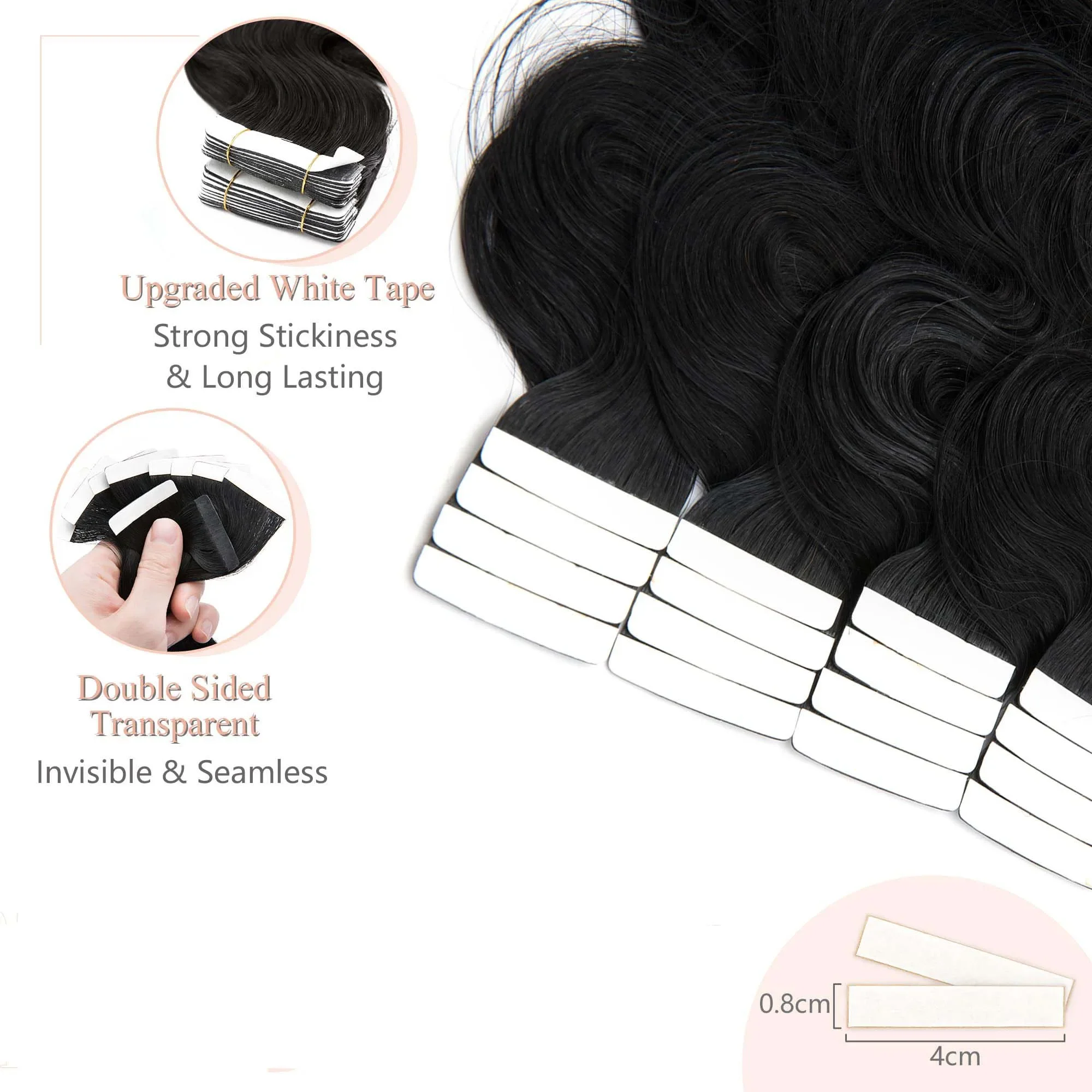 Body Wave Tape in Human Hair Extensions Brazilian Skin Weft Adhesive Natural Color 16-26inch 20pcs/pack_voghion.com