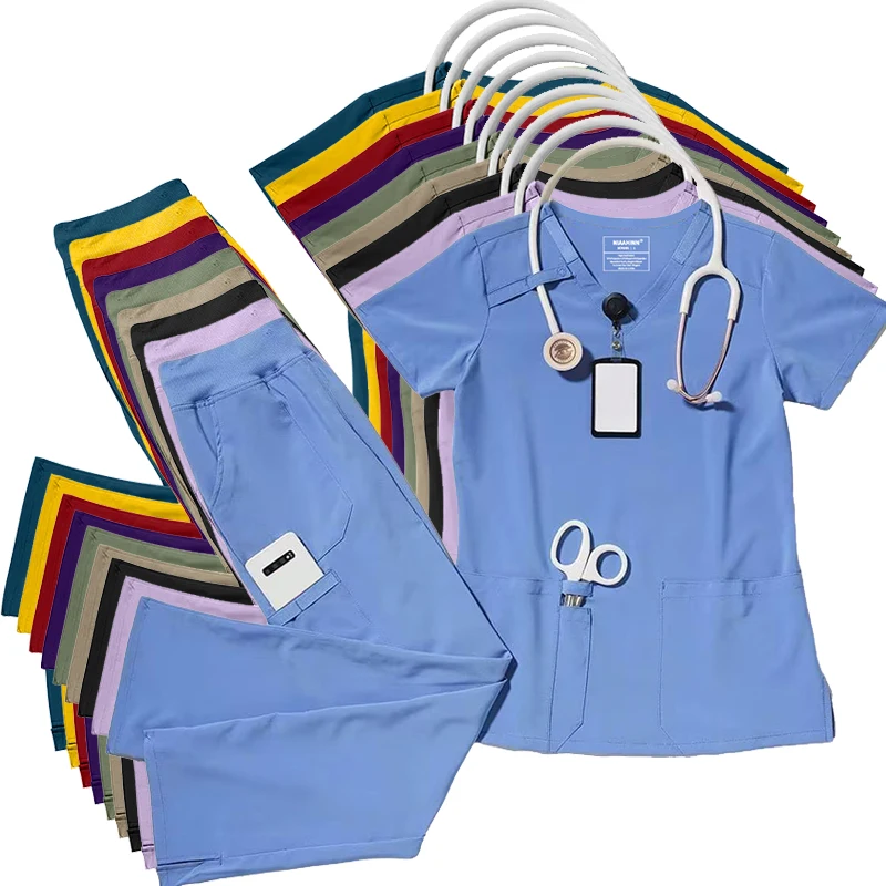 High Quality Fashion Medical Uniform Scrub Sets V Neck Surgical Hospital Uniforms Sets Beauty Salon Straight Pants Scrubs Suits