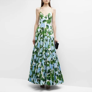 Huili Manufacturer High Quality Polyester Flower Printed Floral Dress Women Custom Ruffle Tiered Pleated Boho Maxi Dress