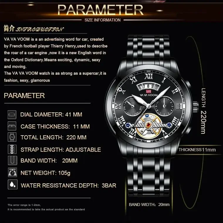 Relogio Masculino VA VA VOOM 2453 Men Luxury Watches Stainless Steel Quartz Luminous Fashion Waterproof Outdoor Sport Watch