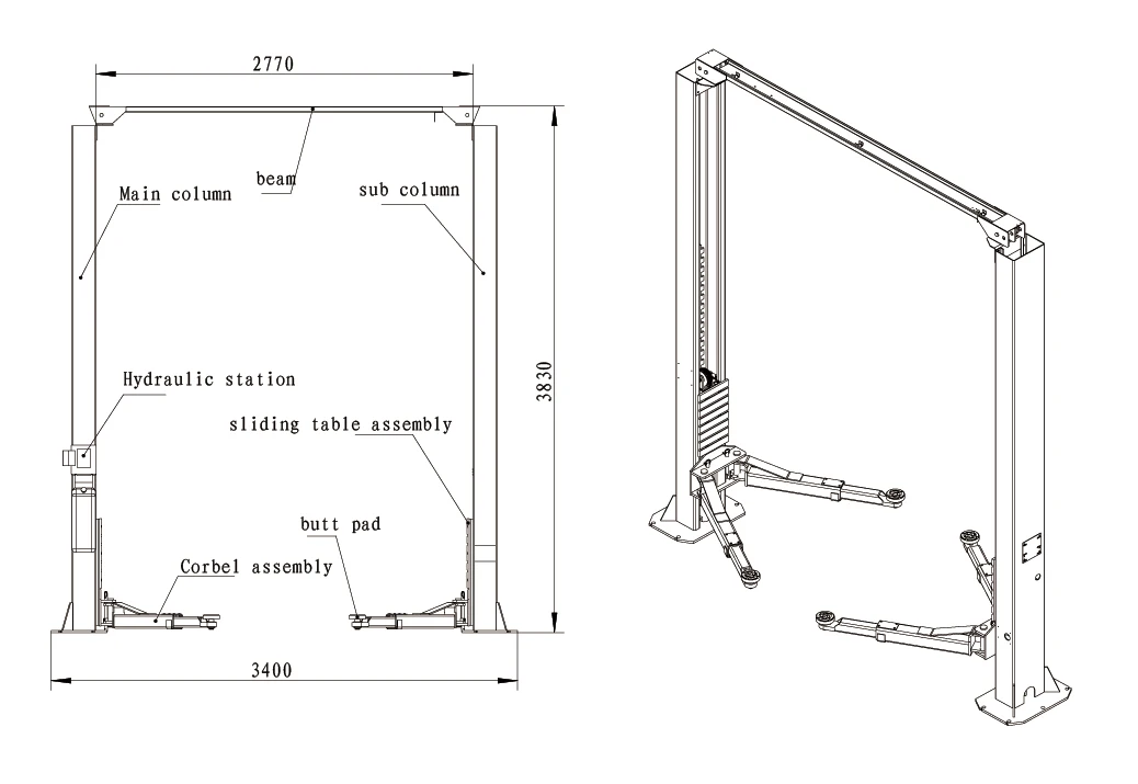 Manual Release Porch Design Two Post Car Lift, Double Cylinder Hydraulic Lift Two Post ,Adjustable Two Post Car Lift