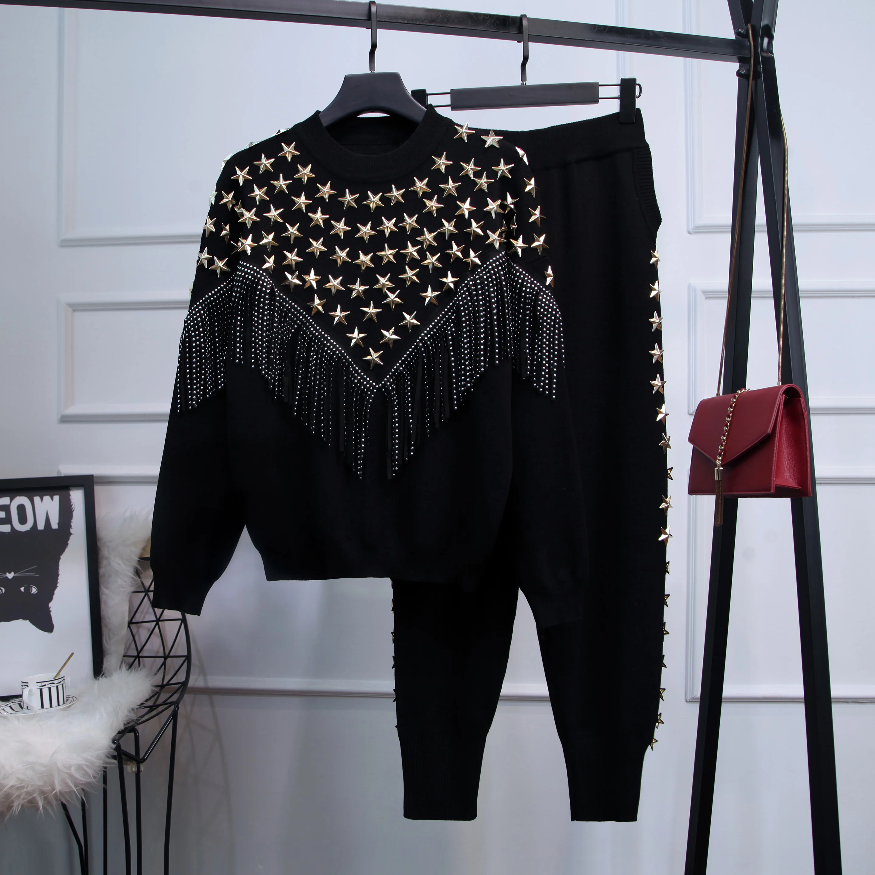 Latest Design Streetwear Sets Women's Retro Stars Beads Tassel Sweater ...