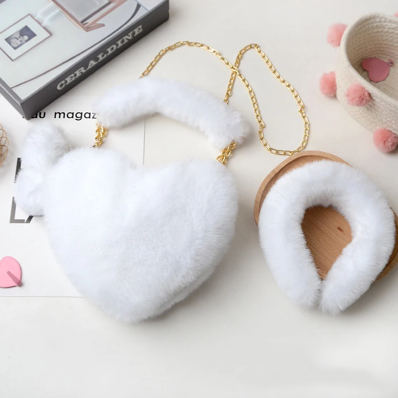 Fur Heart Purse Headband Set Vendor 2021 Faux Fur Purse Bags Designer Lady Cute Heart Shaped