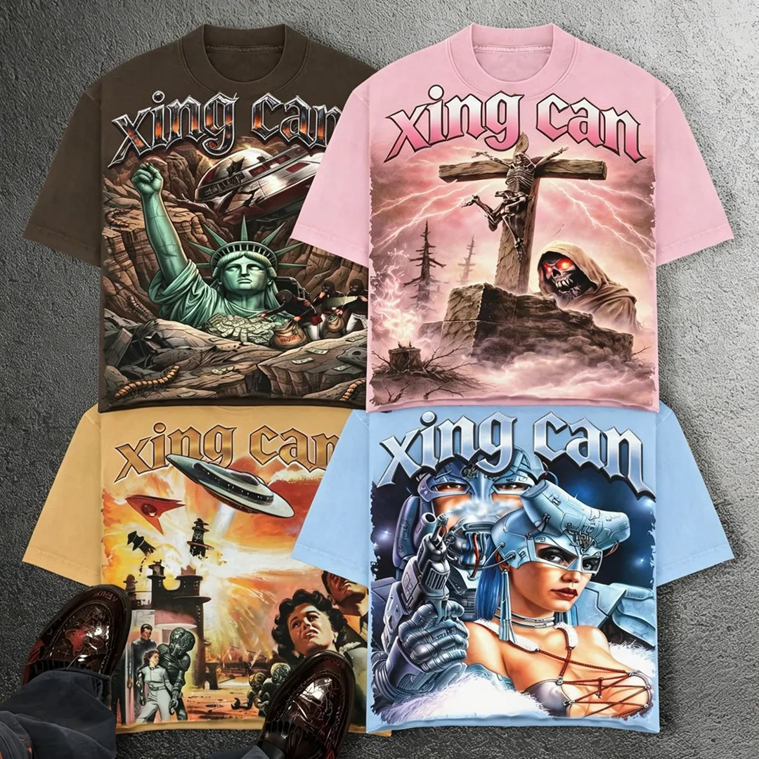 Niestandardowe T-shirty w stylu streetwear, ciężkie, 200 g/m², 100% bawełna, oversize, prostokątny krój, druk cyfrowy DTG, graficzny motyw, kwasowy wybielacz, motywy manga
