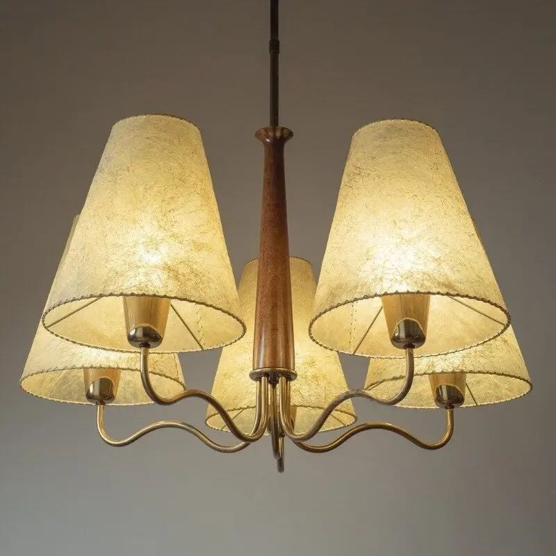 Lampu Gantung LED Bergaya Austria Purba dari Tahun 1940-an, Gaya Pertengahan Abad, Bahan Utama Kulit Kambing dan Kayu Pejal serta Besi, Bergaya Perancis untuk Lampu Bilik Tidur, Bilik Persendirian atau Bilik Belajar