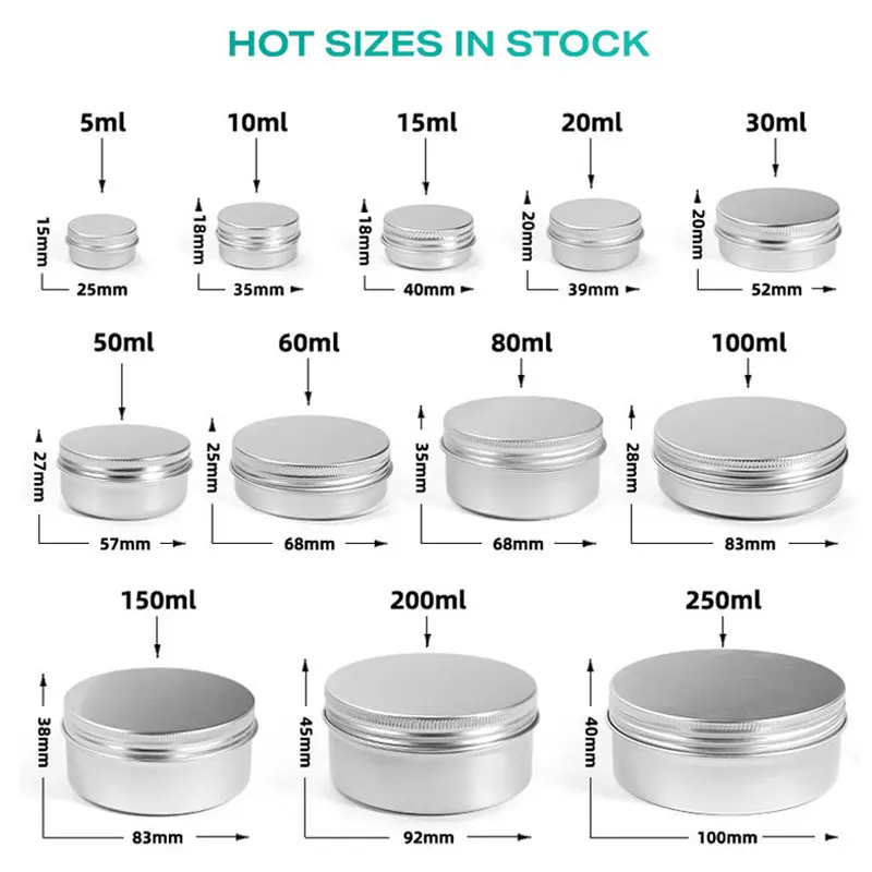 5ml 10ml 20ml 30ml 50ml 60ml 80ml 100ml 150ml 200ml Round Aluminum Cosmetic Tin Container Metal Aluminum Jar Silver