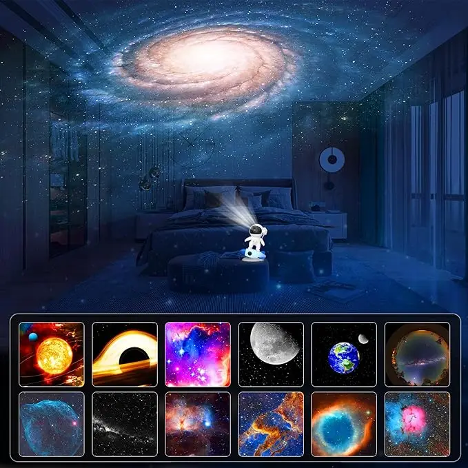 Proiettore Galassia Astronauta Con Razzo | 13 Dischi HD Di Stelle E Pianeti | Luce Notturna Con Timer 1/2h E Messa A Fuoco Regolabile