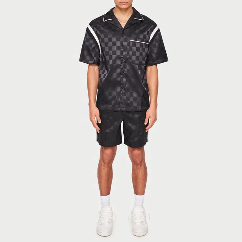 Oem Summer Hawaiian Beach Shirt Set Men 2023 New Fashion Tonal Checkerboard Resort Shirt