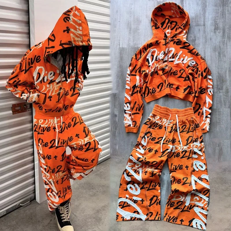 Custom 2 Piece Zip up Baggy Wide Leg Flared Full Print Sweatpants and Cropped Zipper Hoodie Tracksuit Sweatsuits Jogger Sets Men