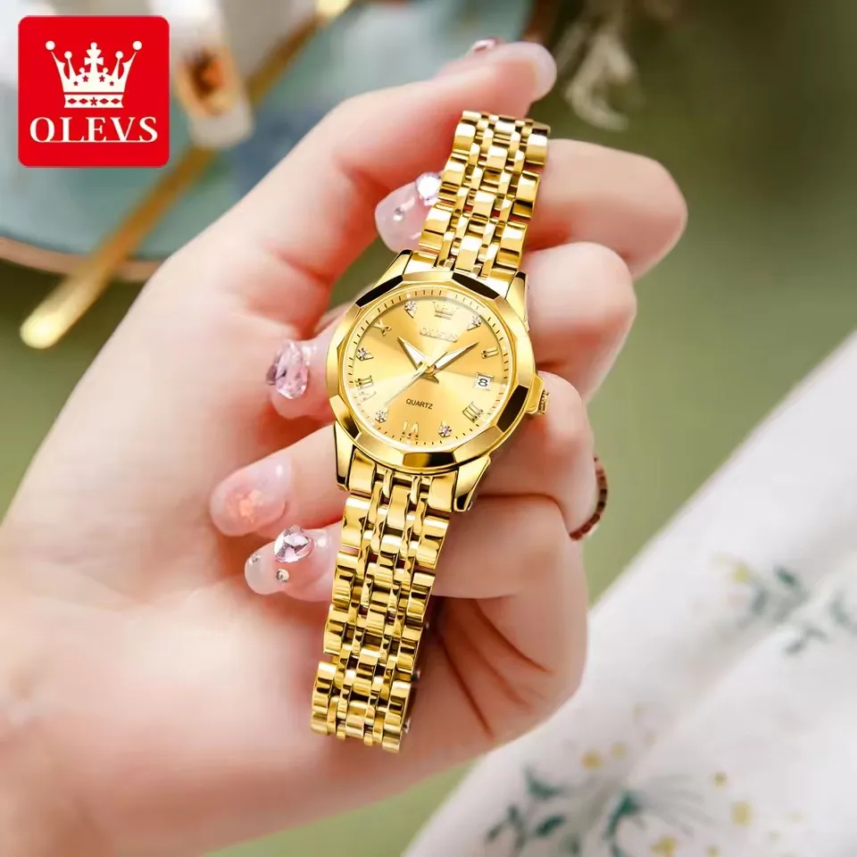 OLEVS Fashion Golden Watch for Women Stainless Steel Waterproof