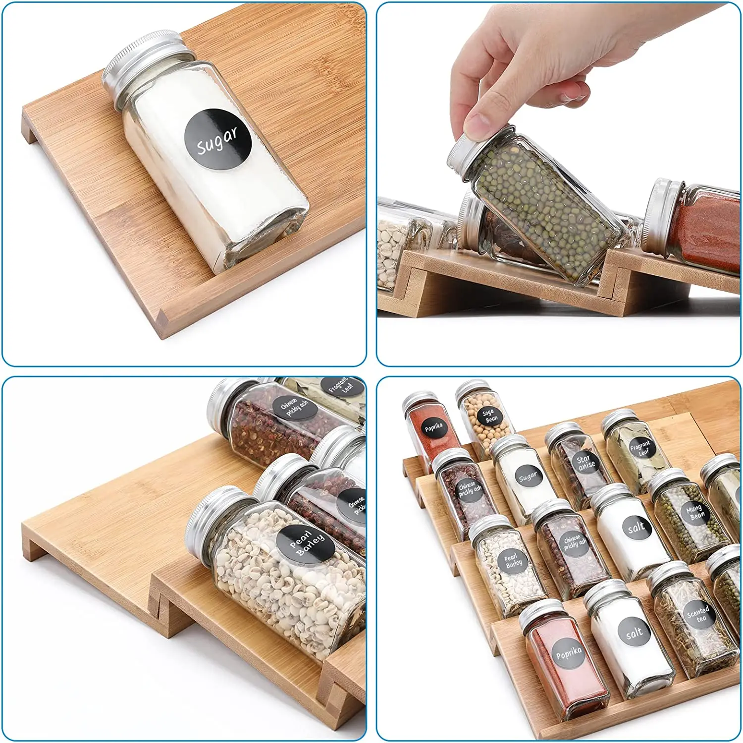 Bamboo Spice Drawer Organizer Set,4tier Spice Rack Cutlery Organizer