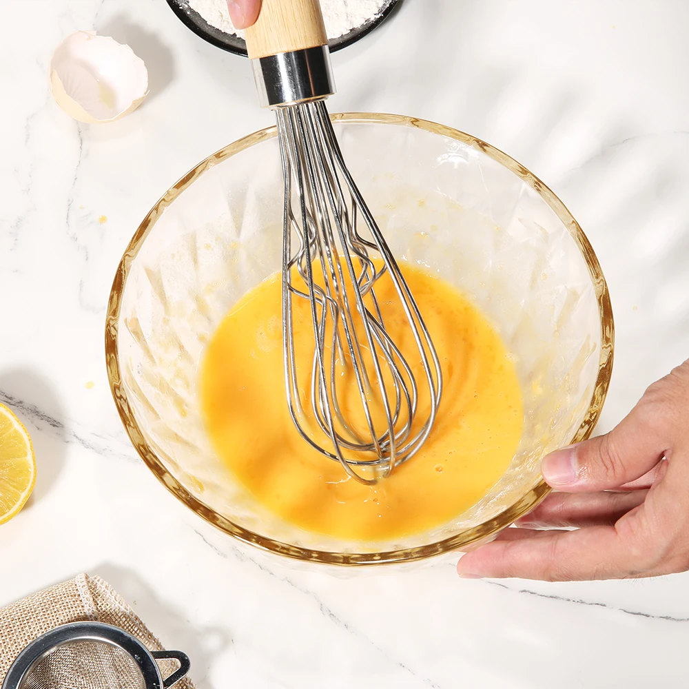 Multi-Function Stainless Steel Wire Egg Beater Non-Stick Kitchen Whisk Wooden Handle Whisking Frothing Stirring Batters Tool