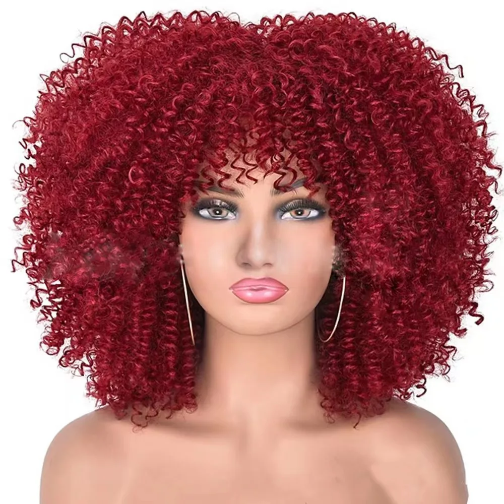 Afro Kinky Curly Wigs With Bangs For Black Women High Temperature African Synthetic Ombre 7505