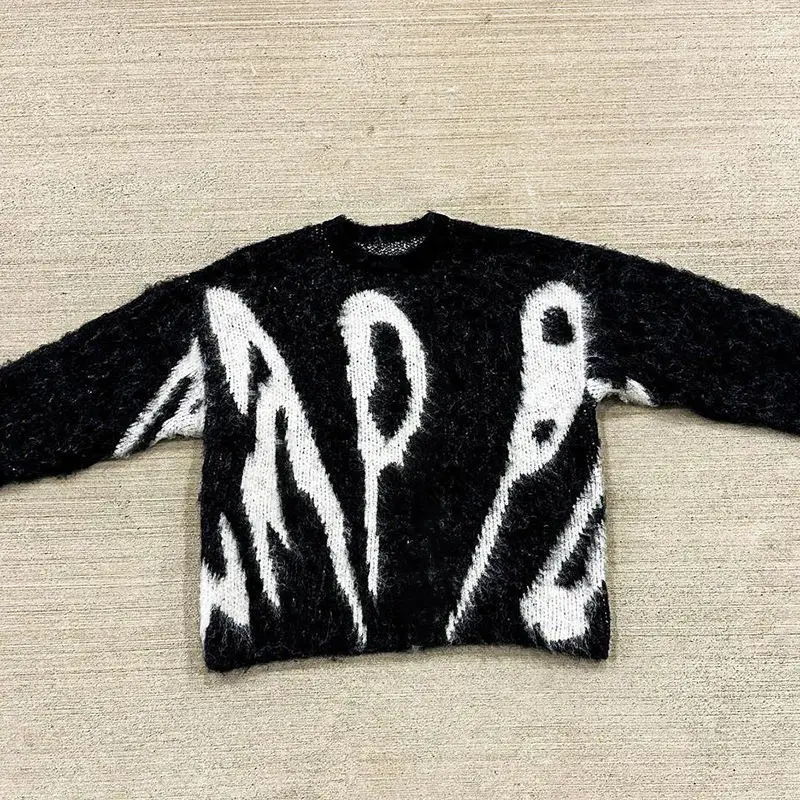 Custom Logo Brushed Mohair Wool Knitting Jacquard Fuzzy Knitted Men Pullover Jackets Fuzzy Mohair Blend Sweater gallery 4