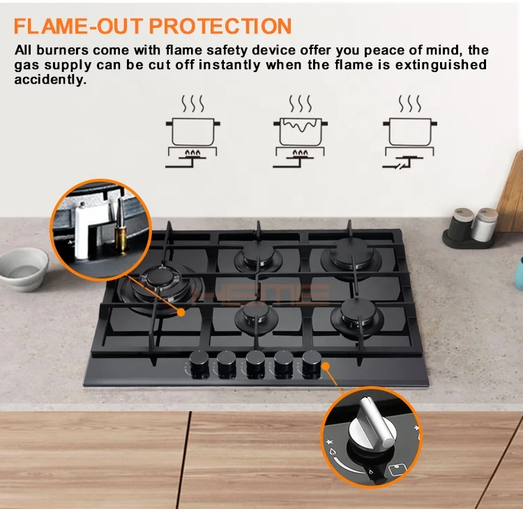 8mm Thick Tempered Glass 5-Burner Gas Cooktop Built-in Household Gas Hob Manufactured in China