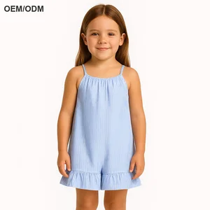 Wholesale Kids Blue Pinstripe Dress 100% Cotton Girls Summer Dress Sleeveless Ruffle Hem Sundress OEM ODM Casual Summer Outfit