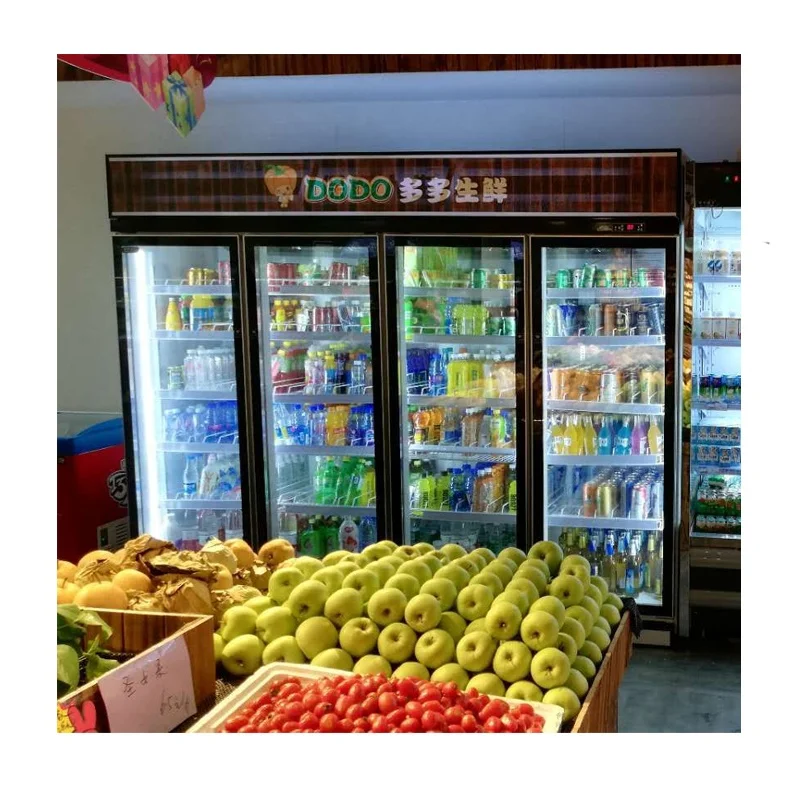新型業務用直立型飲料クーラー、4枚ガラス引き戸付き冷蔵ショーケース