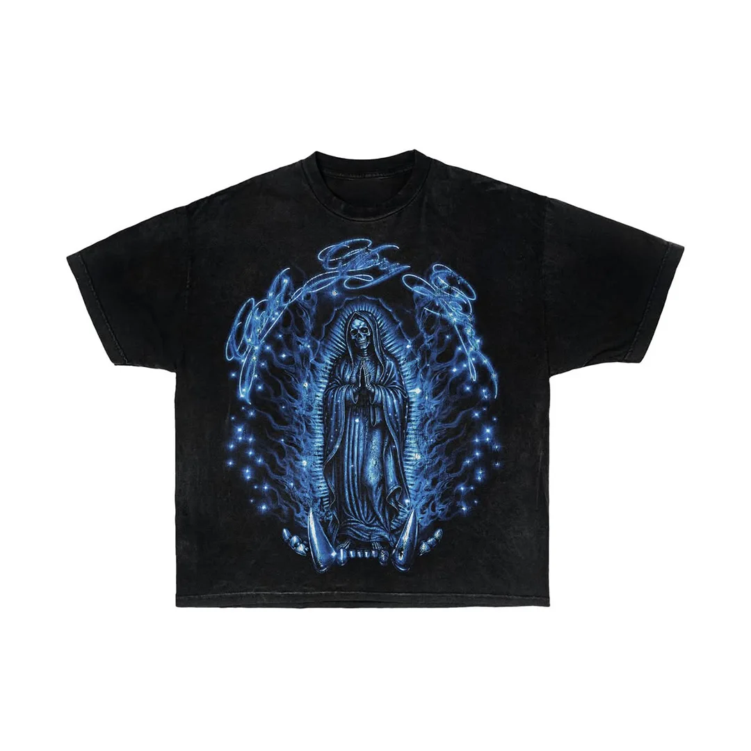 Beperkte mans DTG-direkte-druk-T-shirt, versleten oue-look-gewas, 3D-reliefdruk, swaar klinknagelontwerp, pasop ontwerp beskikbaar