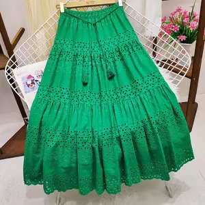 Spring Heavy Industry Lace Embroidered Cotton Anti-Wrinkle Women's High Waist Gouhua Fairy Large A- Shaped Midi