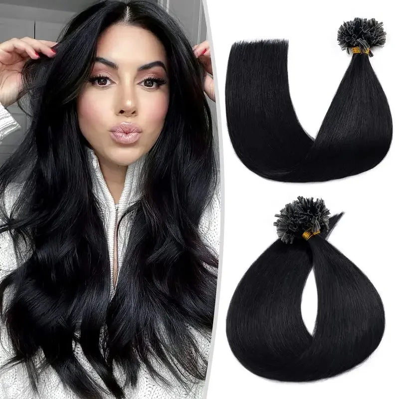 Extension per capelli lisci neri con punta a U, 100% veri capelli umani, colore 1B, 16-26 pollici, extension per capelli con fusione, confezione da 50 grammi per donna_voghion.com