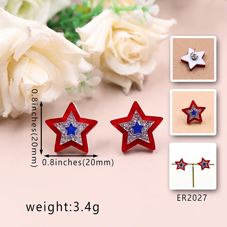 MD123ER2027 1Pair New product CN Stud earring star 4th of July Independence Day TRENDY Acrylic stainless steel Jewelry For women manufacture