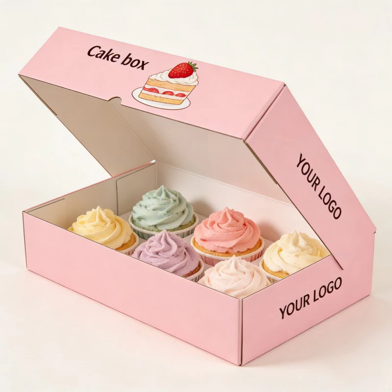Boîte à gâteaux en carton recyclable rose, pliable, imprimée à l’encre de soja sur mesure, boîte pour biscuits, boîtes alimentaires pour pâtisseries et beignets