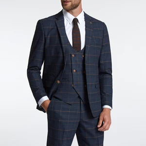 Tailored Mens Suit Jacket Wool Navy Plaid Men's Suit Formal Wedding Groom Business Exquisite Three-piece Fashion Dress