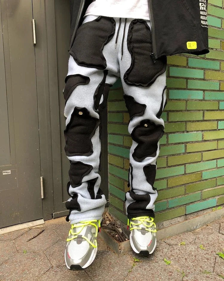 Custom Stacked Sweatpants Cow Print Patchwork Cotton French Terry Embroidery Winter Jogger Stacked Sweat Pants Men gallery 2