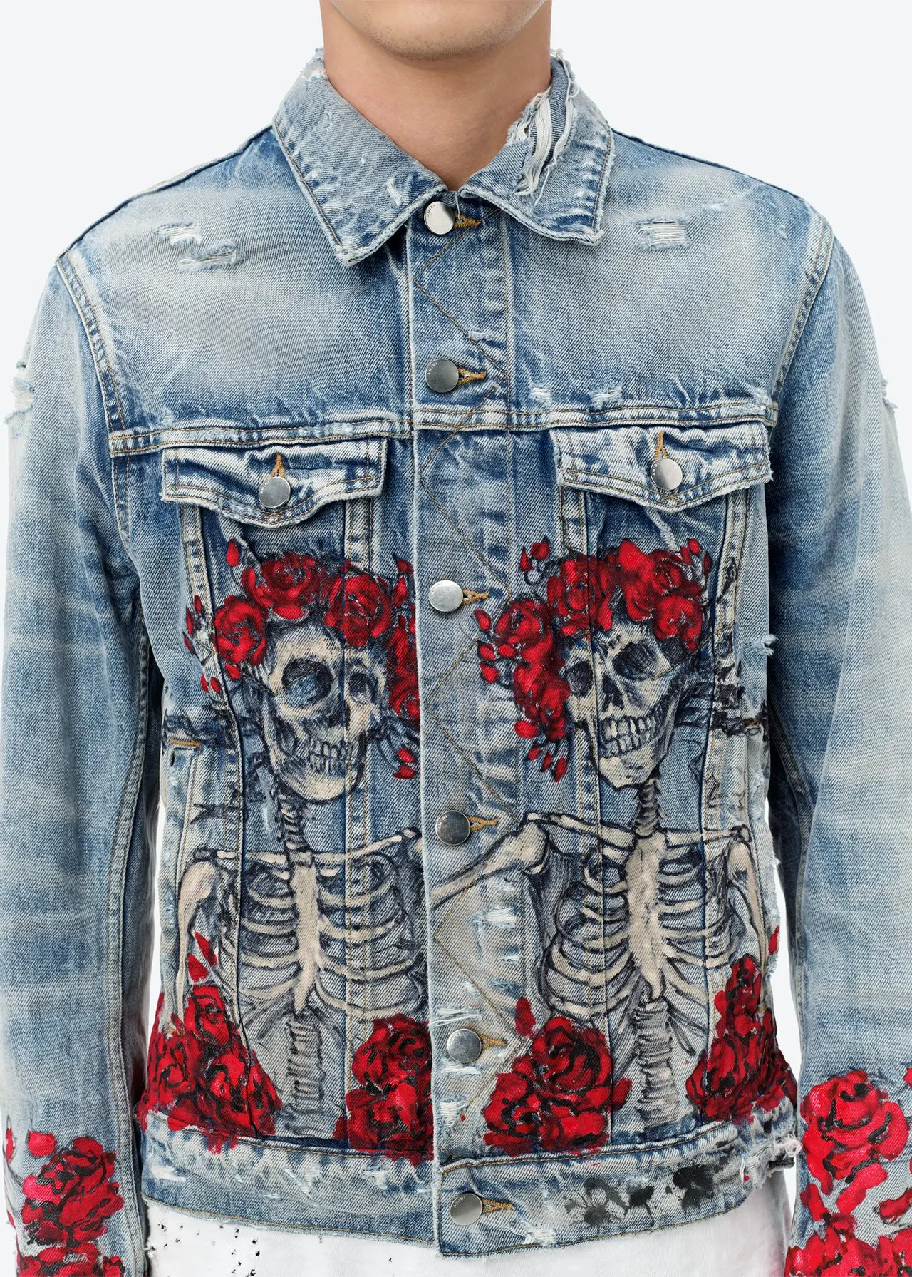 Men's hand painted denim jacket Designer denim Skull smoke