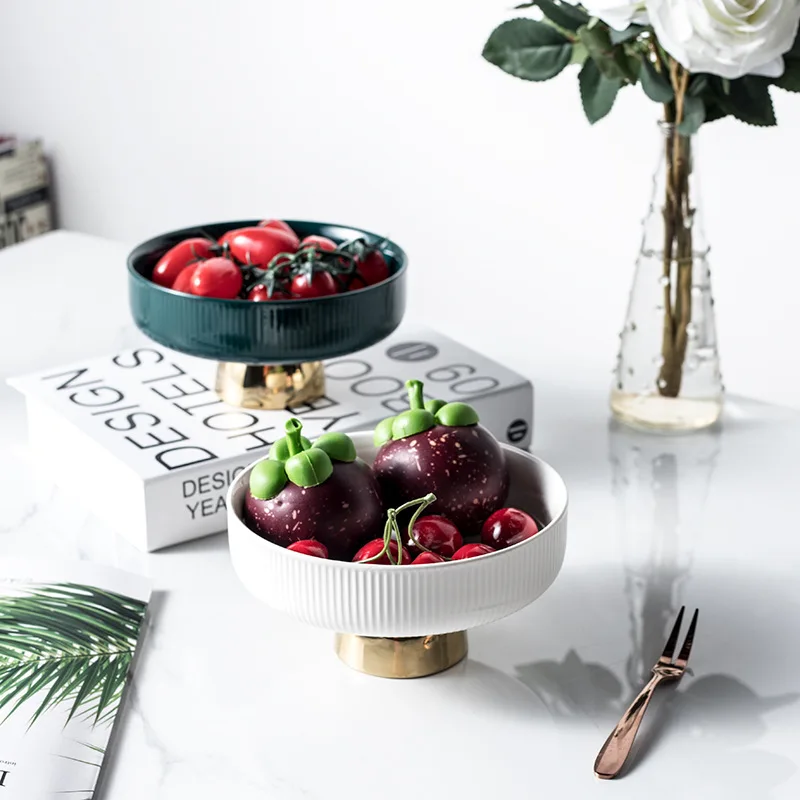 European Style Luxury Ceramic Fruit Plate Snacks Compote Candy Dish Creative Gold Plated Colored Buffet Use High Foot Salad Bowl
