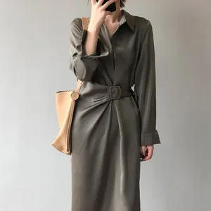Wholesale 2026 Autumn New Fashion Simple Korean Style Design Niche Temperament Long Skirt Satin Shirt Women Dress